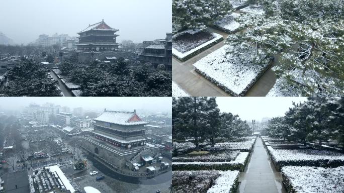 西安鼓楼钟楼雪景航拍