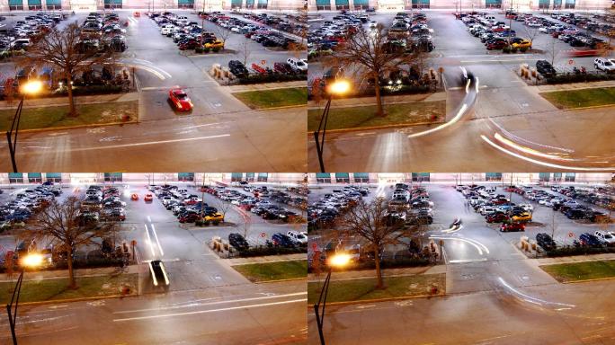 假日购物停车场延时车流夜晚