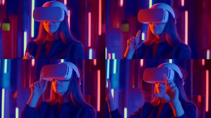 戴着虚拟现实眼镜的女人在有霓虹灯的空间里