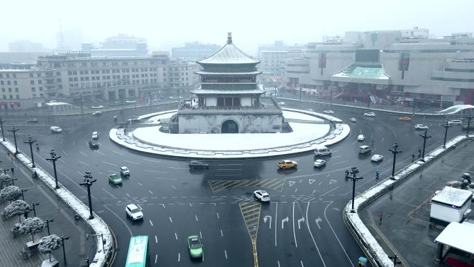 西安 钟楼雪景 航拍