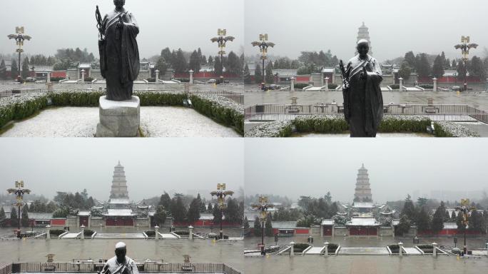 2022西安大雁塔南广场唐僧雕像雪景