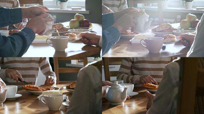 一家人正在吃早餐侧面背影早点草茶健康生活
