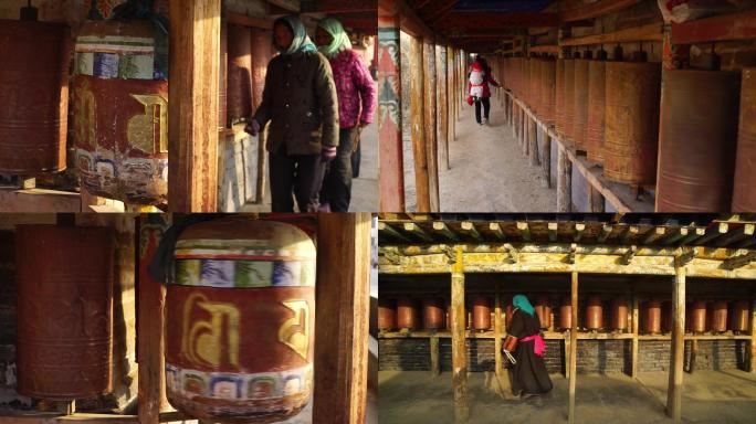 西藏寺庙妇人小孩转经筒