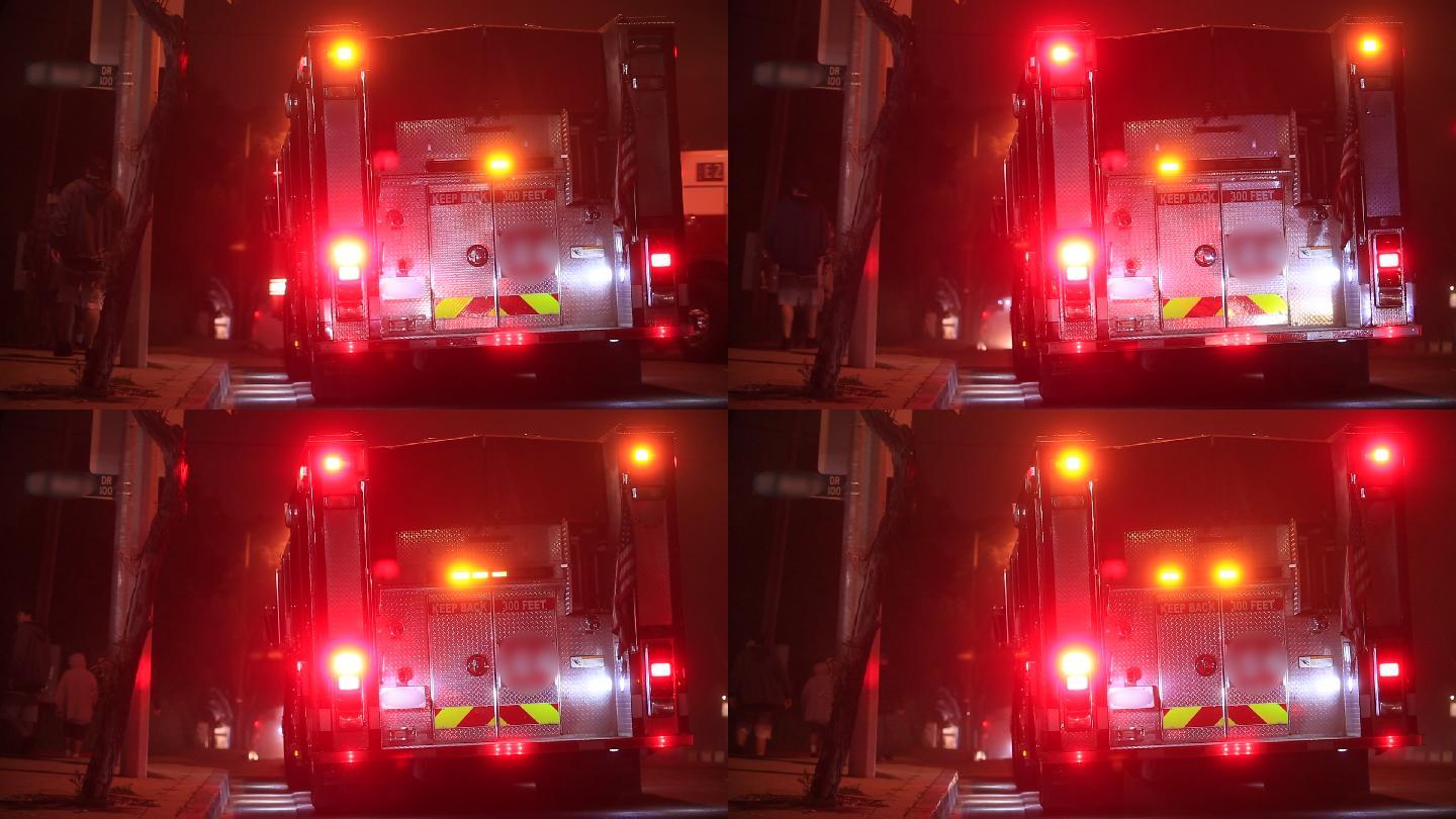 消防车对紧急情况现场作出反应。