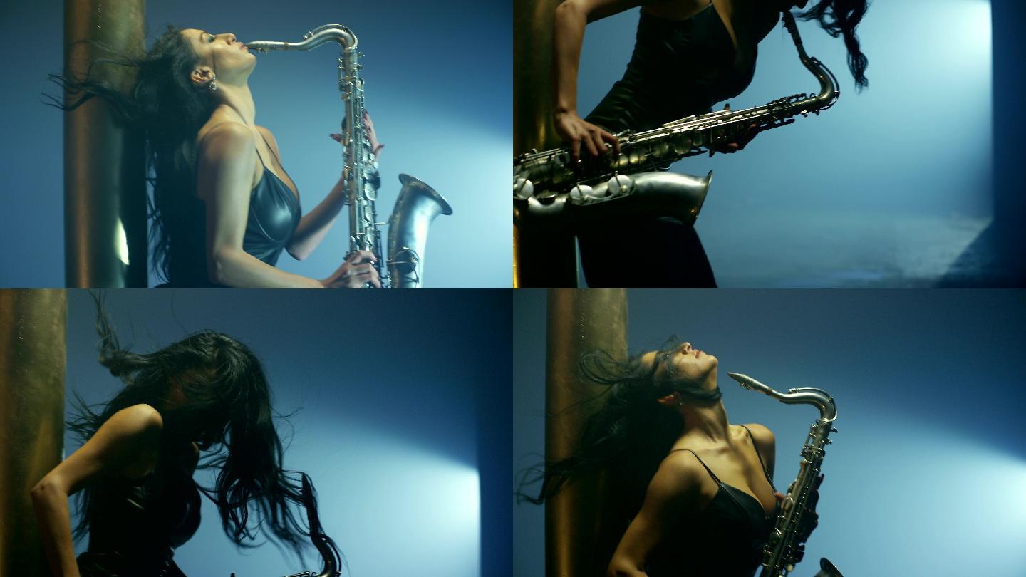 女性在演奏金色萨克斯管。