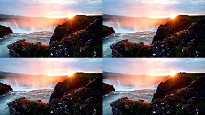 冰岛瀑布美妙的日落