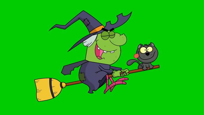 万圣节女巫和猫在扫帚杆上飞翔