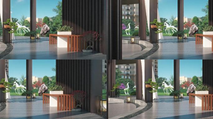 三维动画空镜头新中式风雨连廊光影动画