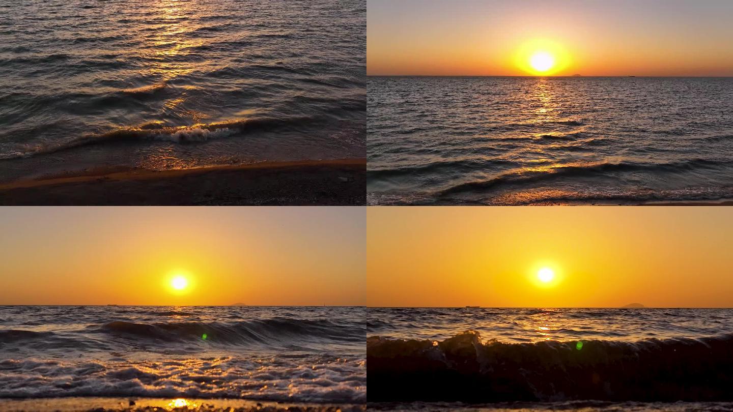空镜拍摄海边夕阳西下，黄昏海上日落场景