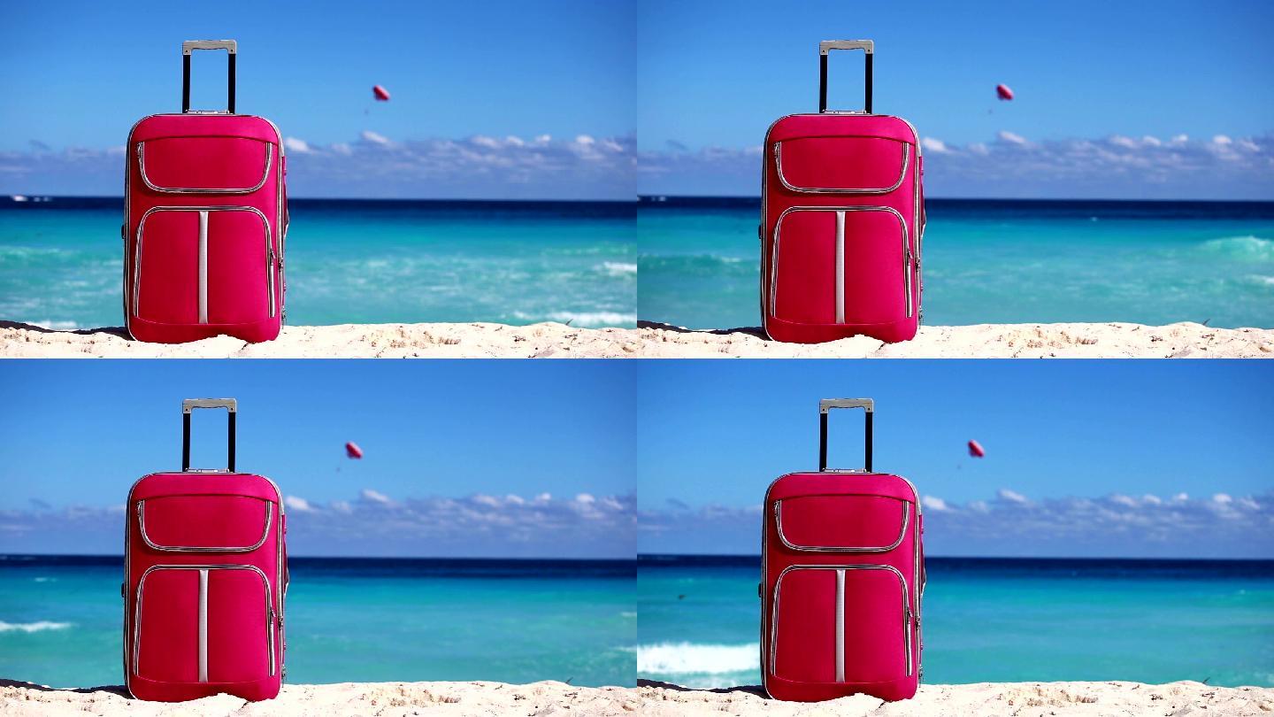 热带沙滩上的手提箱