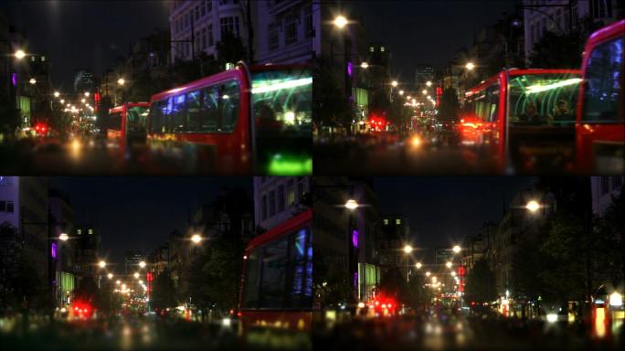 夜间乘坐公共汽车穿过伦敦（时间流逝）。