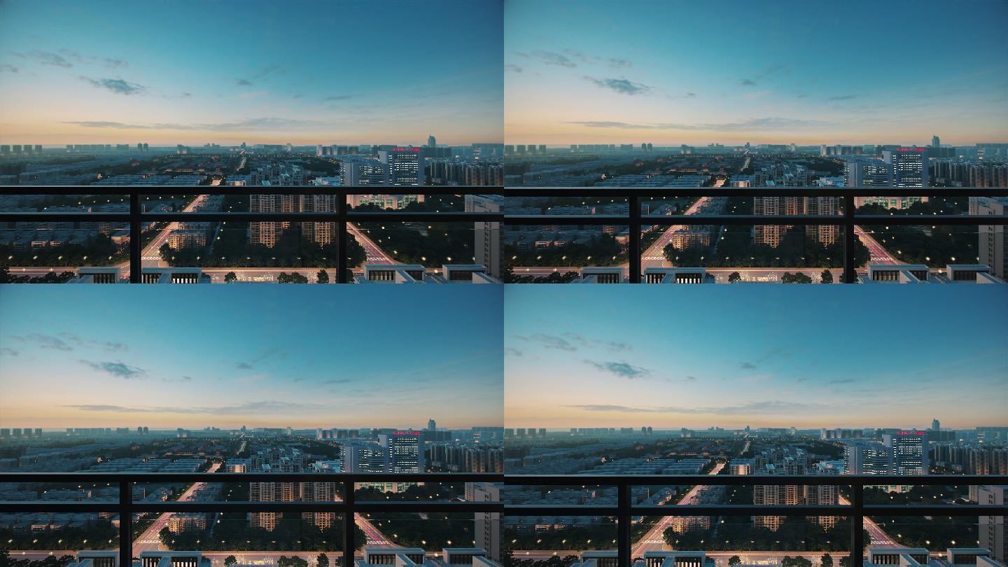 三维动画空镜头黄昏阳台远眺城市可合成人物