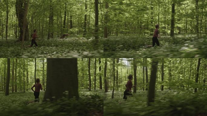 森林中奔跑的人锻炼丛林树木