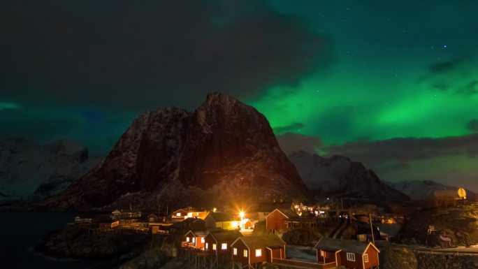 北极光挪威夜景村庄乡村梦幻浪漫