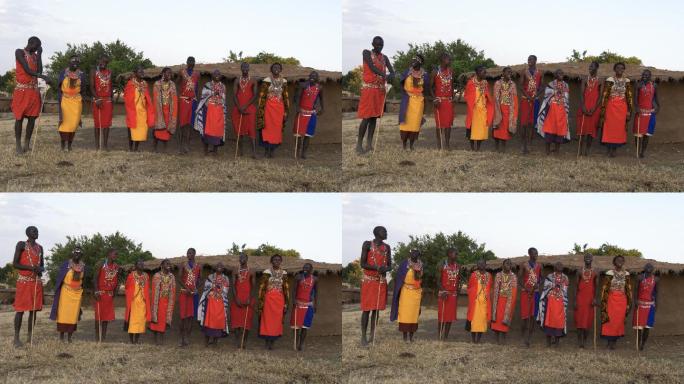 十名马赛男女歌唱非洲人原始部落黑人文化
