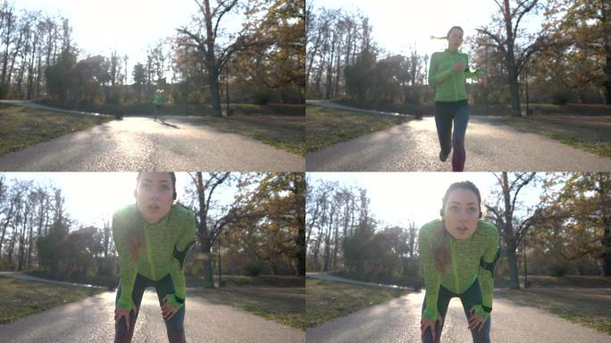 女人在公园里跑步晨练奔跑晨跑完成目标外国