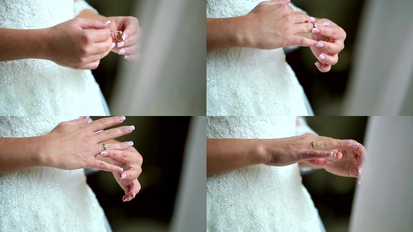 新娘把戒指戴在手指上