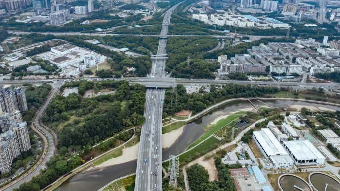 深圳航拍观澜河清湖立交道路车流延时4K