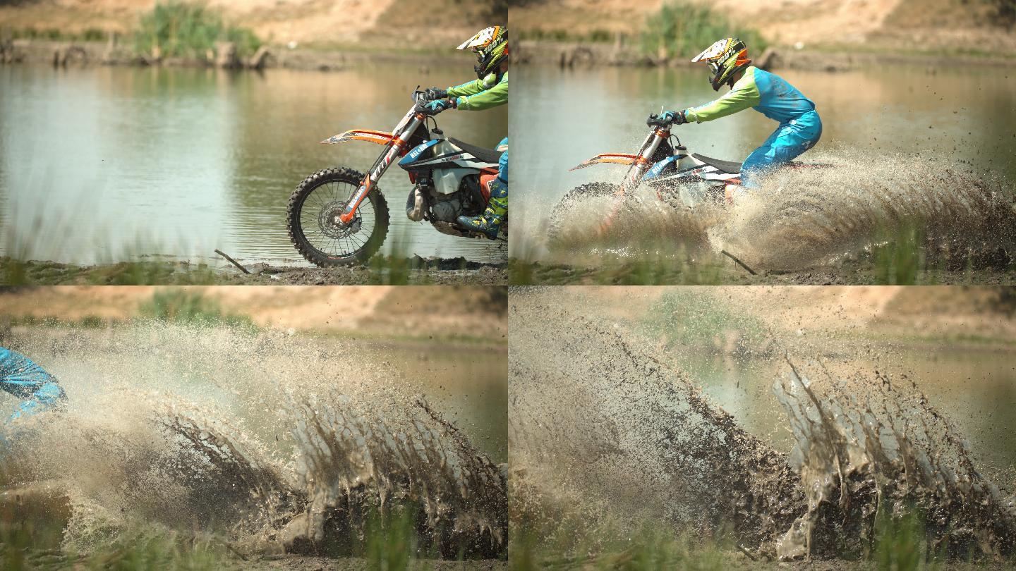 摩托车在池塘边溅起泥浆