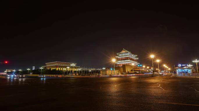 北京前门正阳楼纪念堂夜景车流全侧