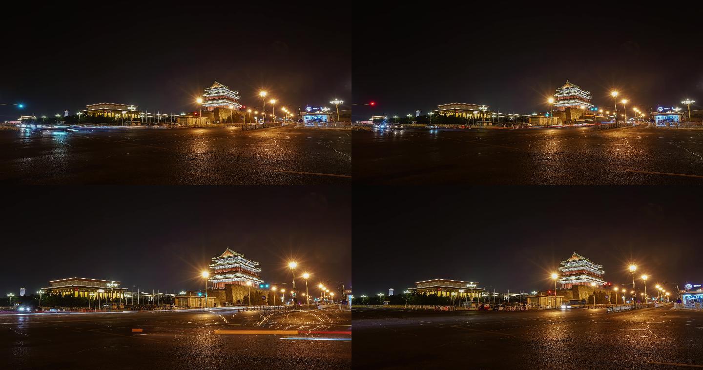 北京前门正阳楼纪念堂夜景车流全侧