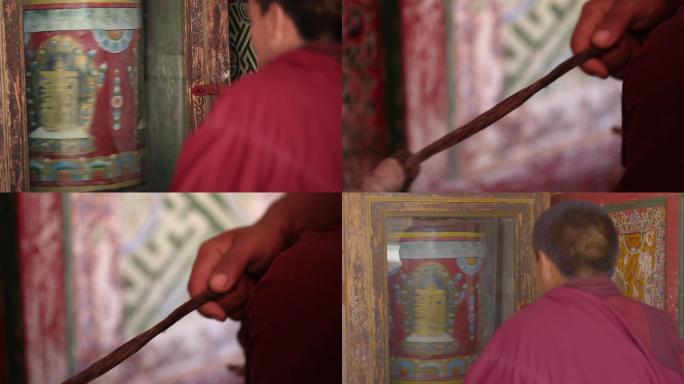 西藏寺庙僧人转经筒