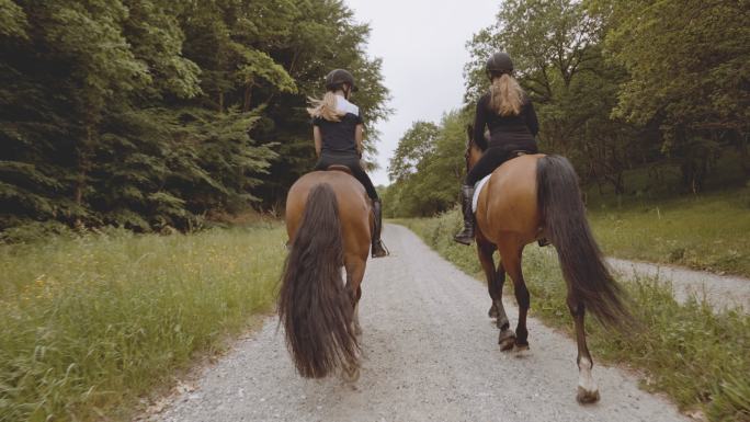 两名女骑手在森林中骑马