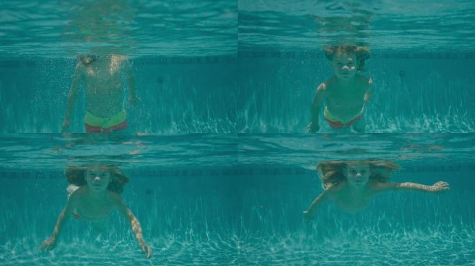 在游泳的小孩子潜水水下憋气肺活量小女孩潜