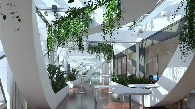 三维动画室内空镜头照片级写实绿色办公空间
