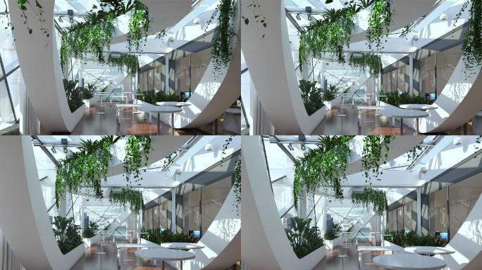 三维动画室内空镜头照片级写实绿色办公空间