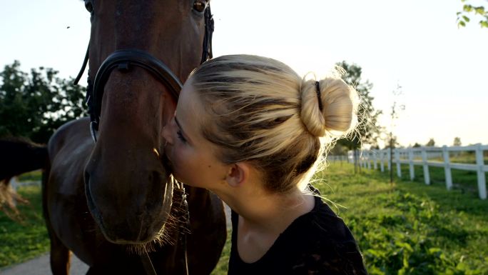 轻女孩亲吻和爱抚她强壮的深棕色马