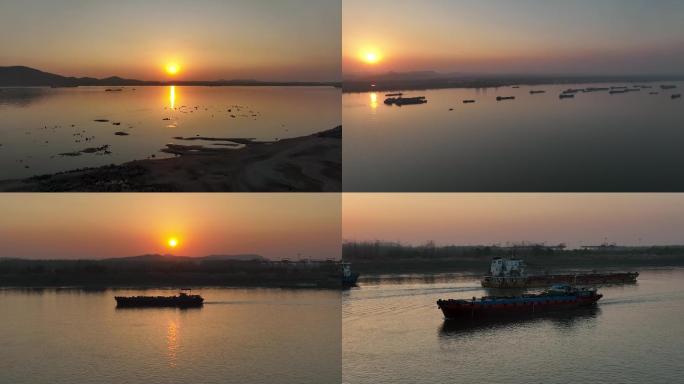 长江江滩沙滩，夕阳日落，轮船行驶航拍素材