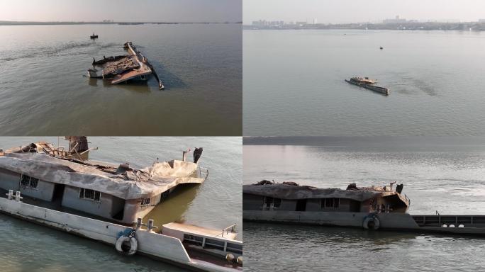 长江上的沉船，破旧沉船，航拍素材