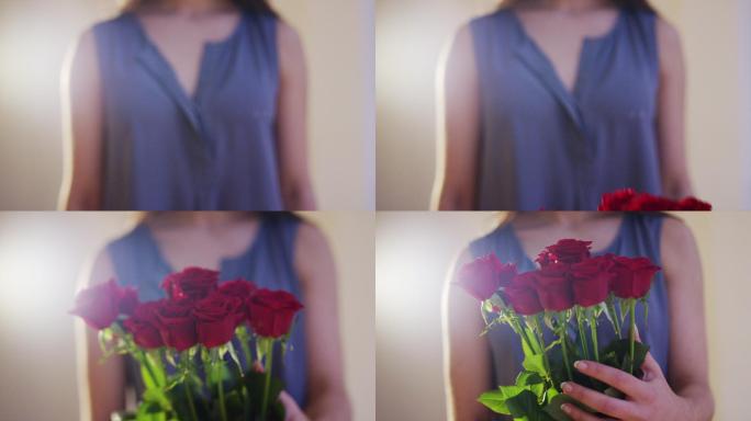 女人放下手中的一束红玫瑰