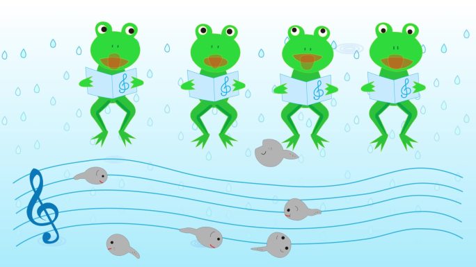 青蛙在雨中唱歌玩耍。