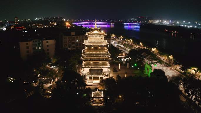 航拍夜晚衢州城区文昌阁楼