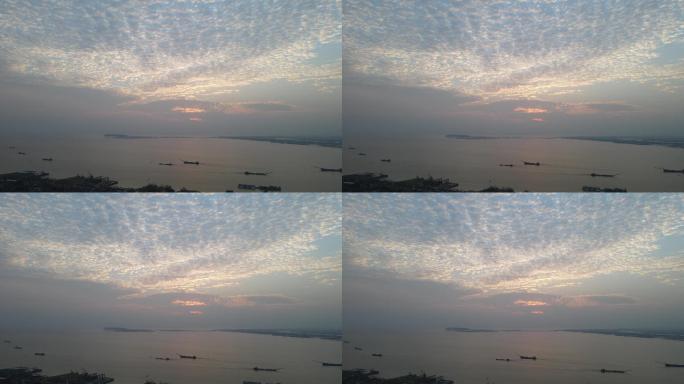 航拍湖南岳阳洞庭湖日落晚霞夕阳西下