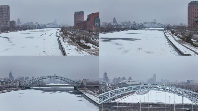 天津海河冰封 棉3 国泰桥 雪景渐近航拍