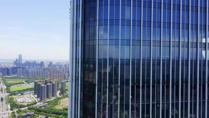 航拍杭州滨江地标性建筑智慧之门玻璃幕墙