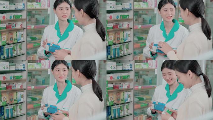 药店的女售货员建议一个年轻人补充维生素