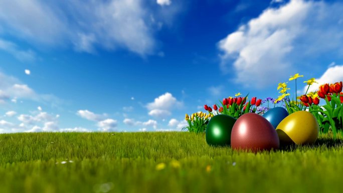 绿色草地上五颜六色的复活节彩蛋