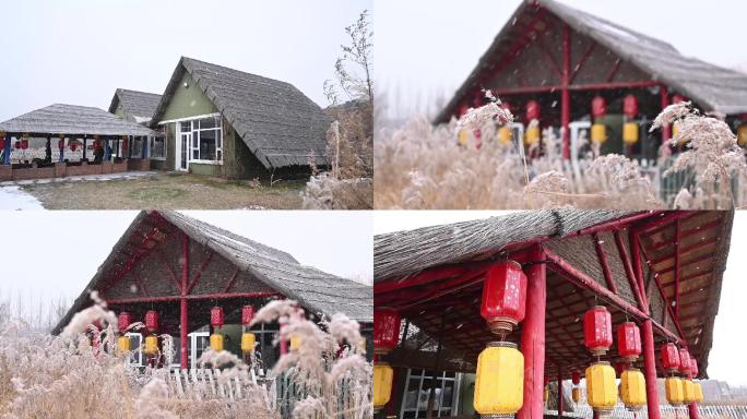 乡村小屋灯笼山庄雪景