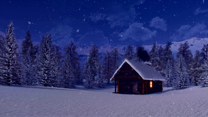 雪夜的高山上舒适的小木屋