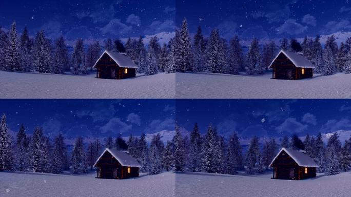 雪夜的高山上舒适的小木屋
