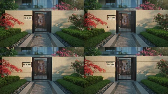 三维动画室外空镜头别墅庭院入口开门动画