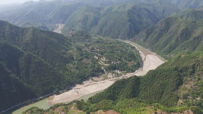 河流洛河航拍湿地周边青山绿水树林林木2