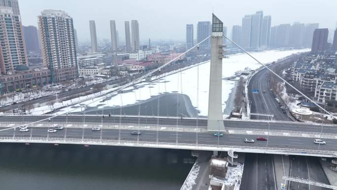 天津海河富民桥雪景 大环绕航拍