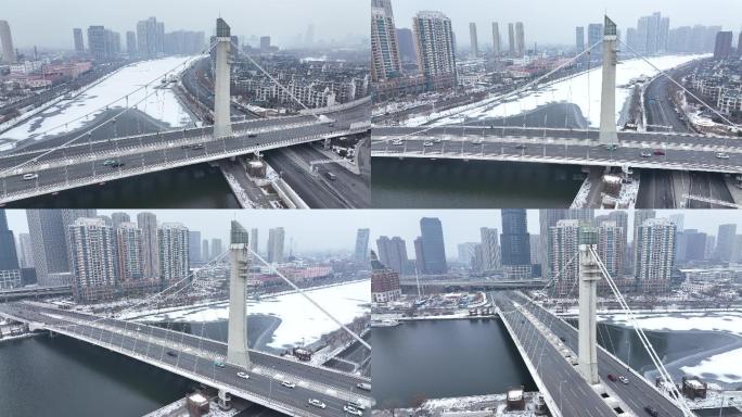 天津海河富民桥雪景 大环绕航拍