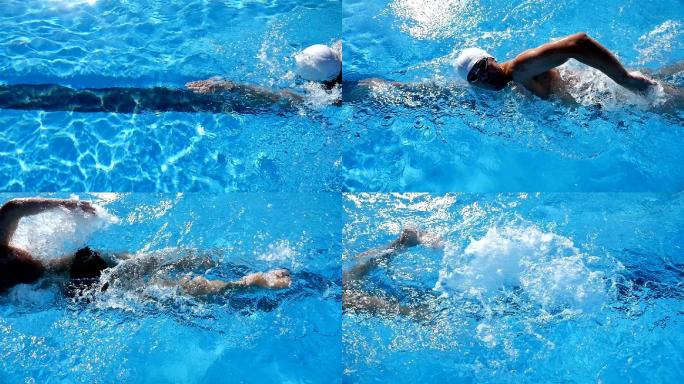 男子在游泳池中自由泳，慢动作