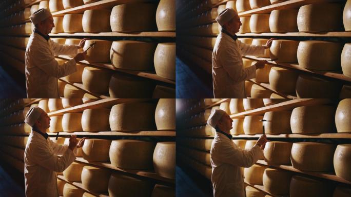 一位奶酪制造商在检查帕尔马干酪